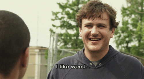 A relaxed man stands and says "I like weed", surrounded by peaceful surroundings.