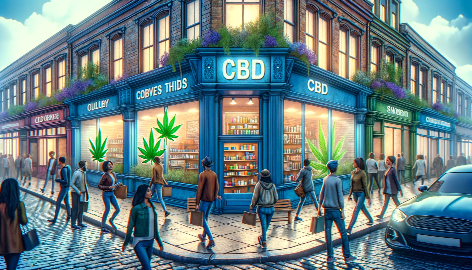 CBD products in a bustling urban high street scene