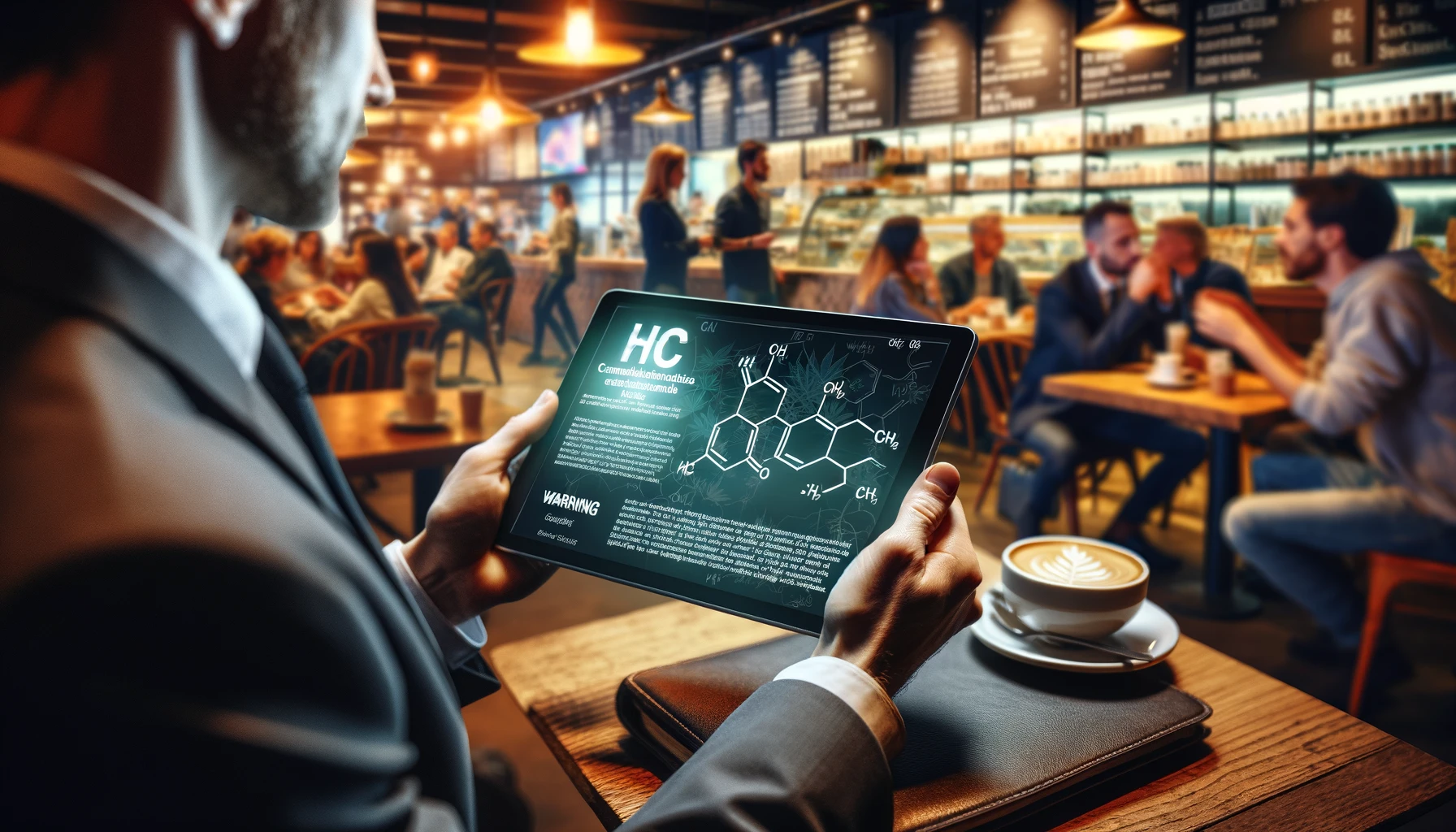 Busy professional reading about HHC in a coffee shop