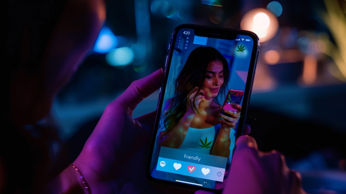 Smartphone showing a dating profile with "420 friendly"