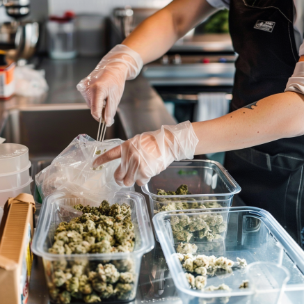 Person handling cannabis with clean utensils
