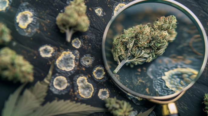 Signs of mold on cannabis buds with magnifying glass