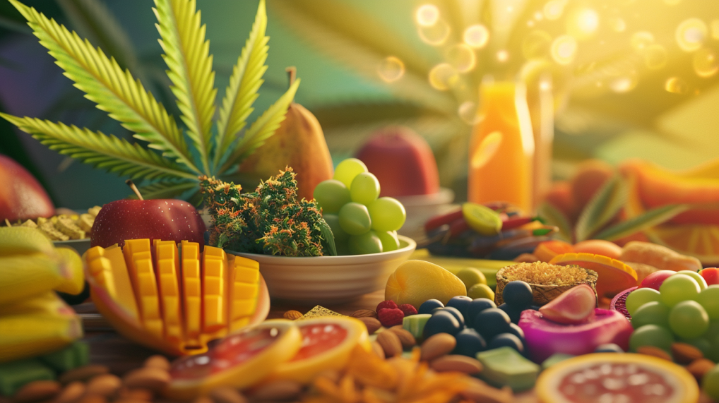 Person with healthy snacks and cannabis leaf