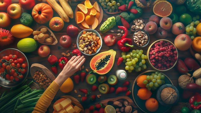 Table with healthy snacks and person reaching