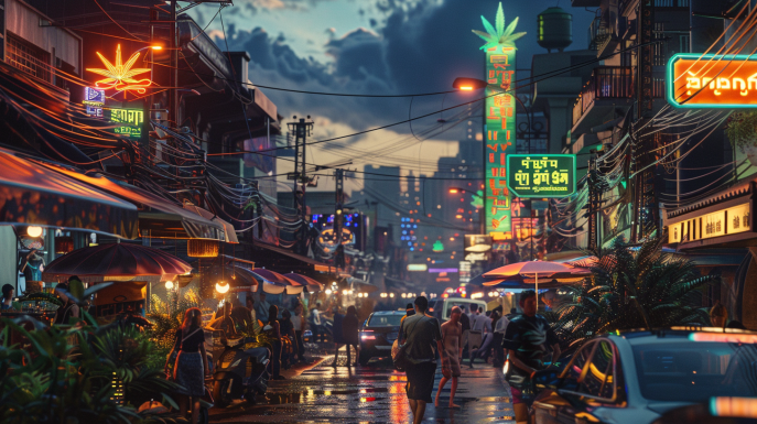 Bangkok street with a modern cannabis shop