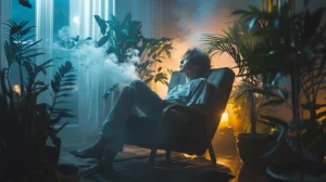 Person in a calm environment breathing deeply